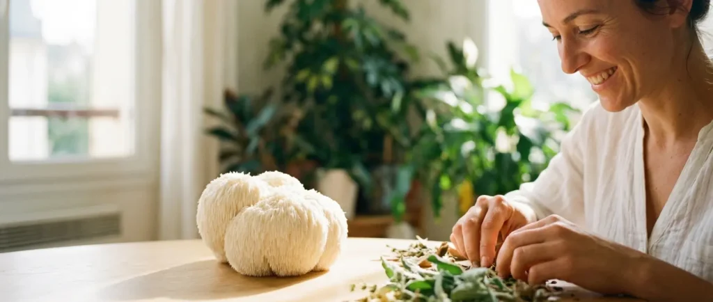 Hericium erinaceus, champignon blanc à aiguillons pendants : l’article examine les preuves et limites des effets de santé qui lui sont attribués.