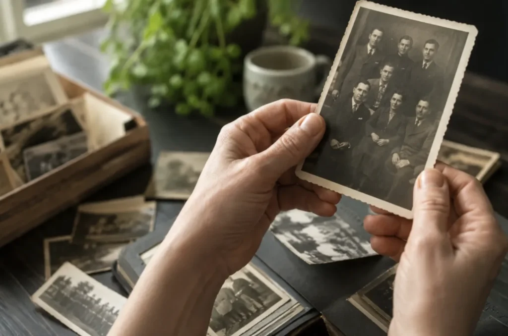 Deux mains tiennent une ancienne photographie de famille au-dessus d’autres clichés.