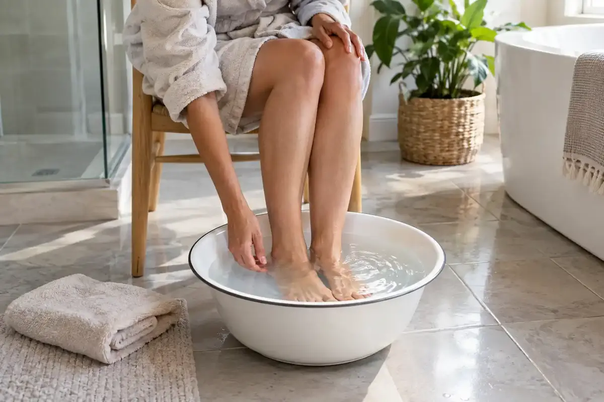 Pour évoquer le soulagement doux d’un pied qui brûle, une personne rafraîchit ses pieds dans une bassine d’eau claire.