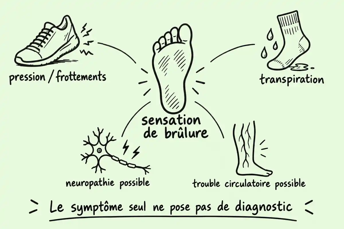 Pression, frottements, transpiration et causes médicales possibles peuvent être associés aux pieds brûlants, sans que le symptôme seul en identifie l’origine.