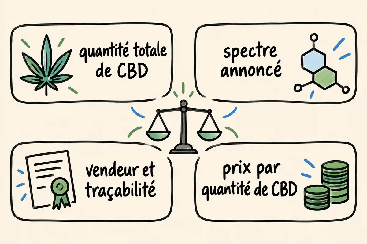 La comparaison d’huiles CBD croise quantité, spectre annoncé, traçabilité et prix par quantité, sans qu’un critère suffise à conclure sur la qualité.