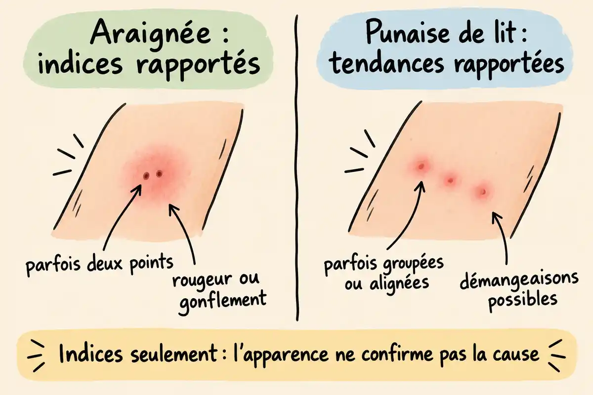 Deux points parfois associés à une lésion isolée et lésions groupées parfois décrites avec les punaises : ces indices ne confirment pas la cause.