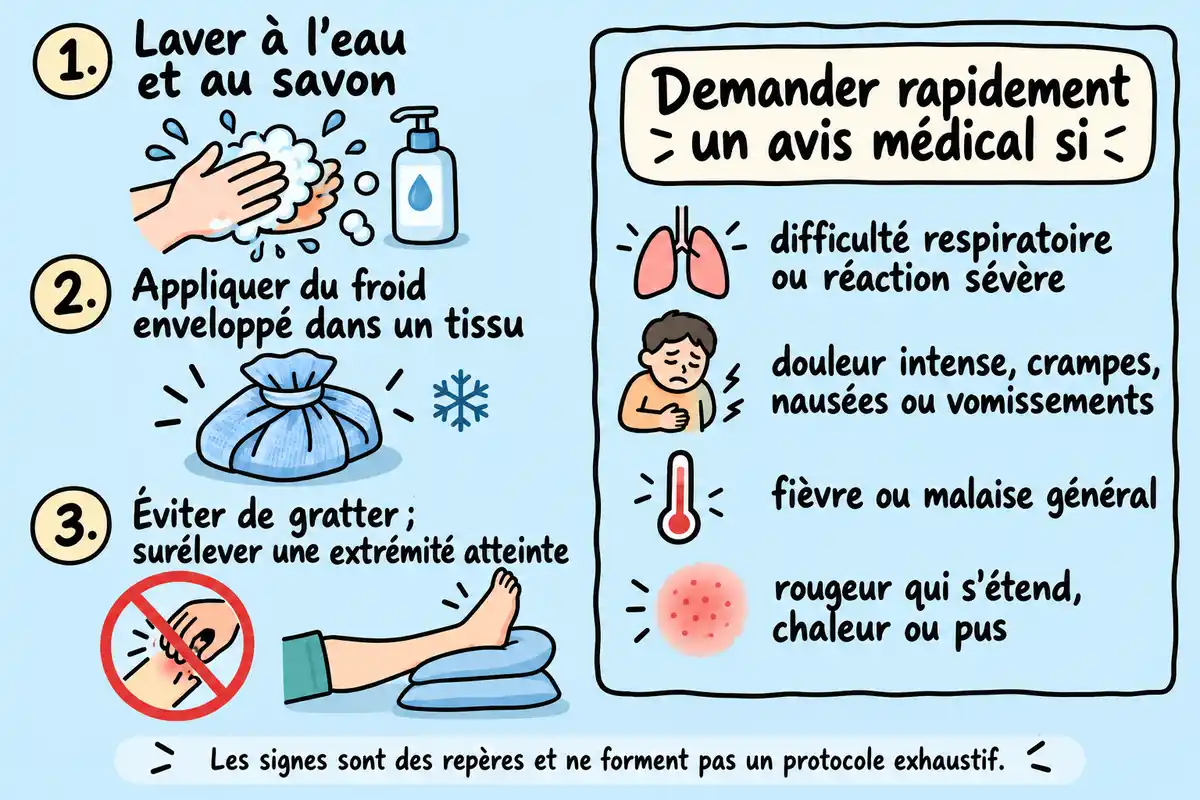Laver, appliquer du froid enveloppé et éviter de gratter ; certains symptômes ou changements de la peau appellent un avis médical rapide.