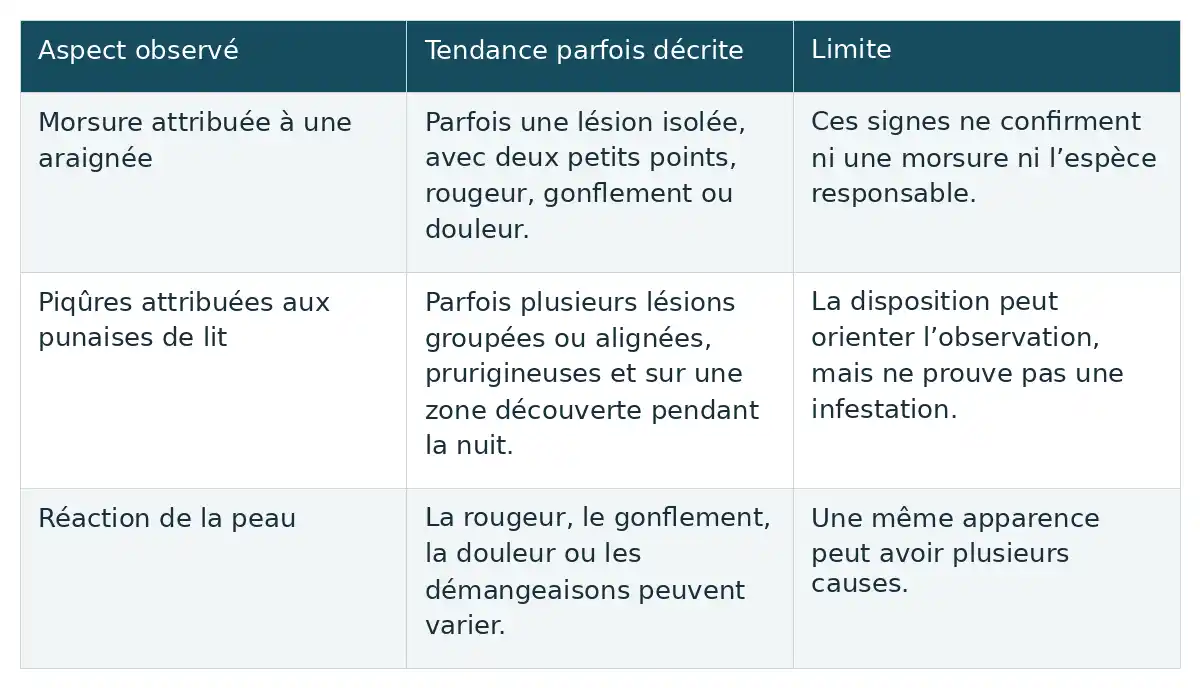 Les colonnes rapprochent l’aspect observé, les tendances parfois décrites pour araignées et punaises de lit, et les limites qui empêchent d’en déduire la cause.