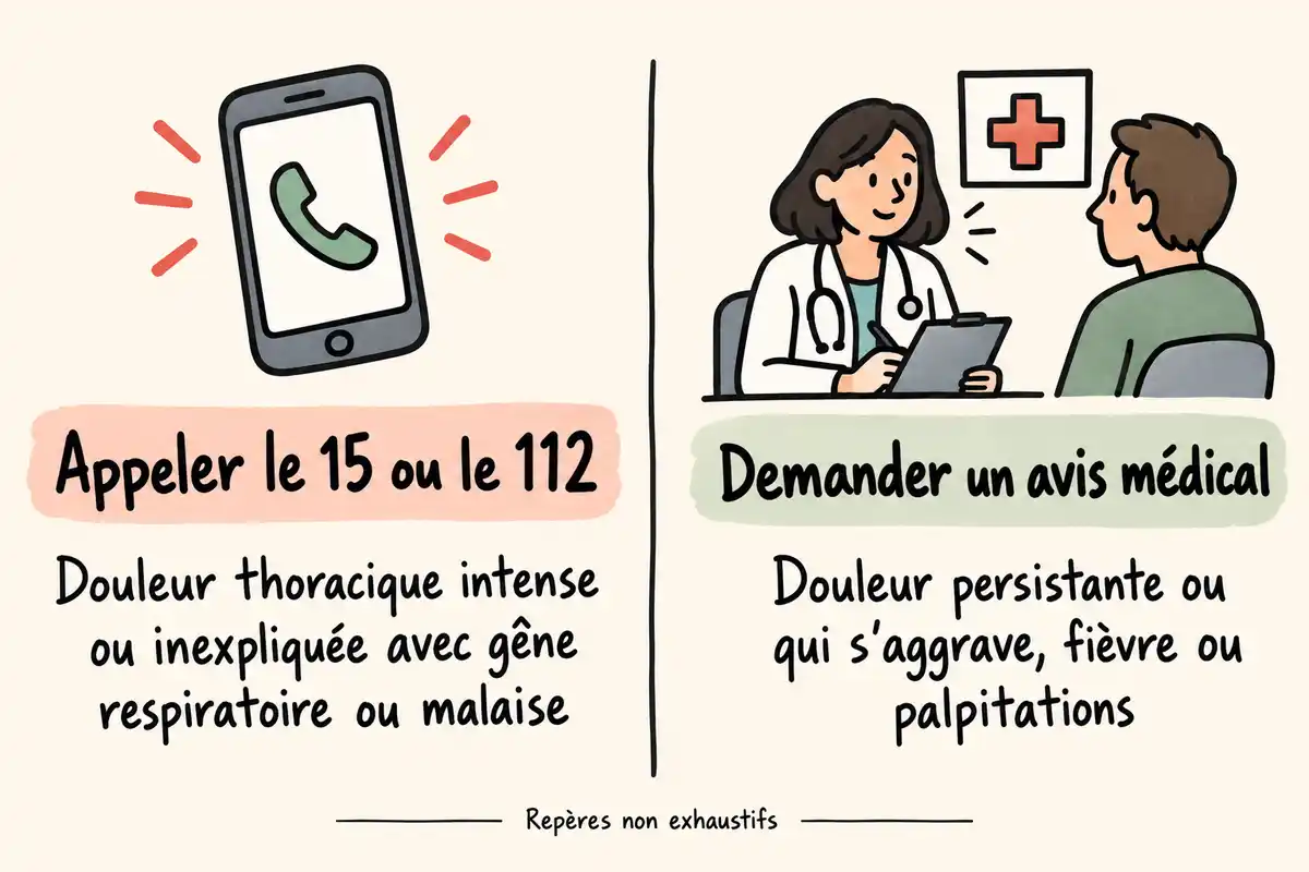 Une douleur thoracique intense ou inexpliquĂ©e avec gĂȘne respiratoire ou malaise appelle les secours ; douleur persistante, fiĂšvre ou palpitations justifient un avis mĂ©dical.