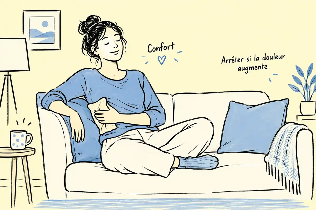 Appliquer une chaleur douce peut ĂȘtre essayĂ© pour le confort si la situation sây prĂȘte ; arrĂȘter si la douleur augmente.