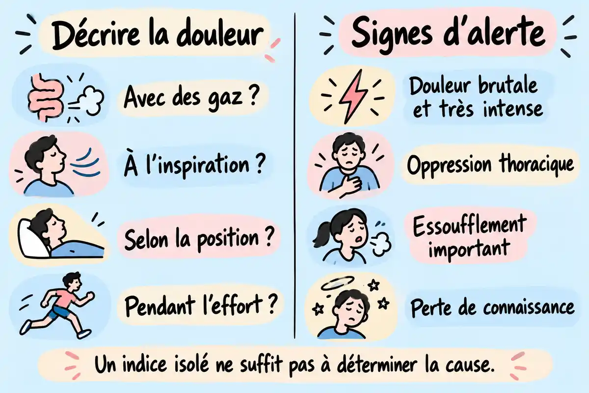 DĂ©clencheur, respiration, position, effort et Ă©volution aident Ă dĂ©crire la douleur ; les signes dâalerte priment sur ces indices.