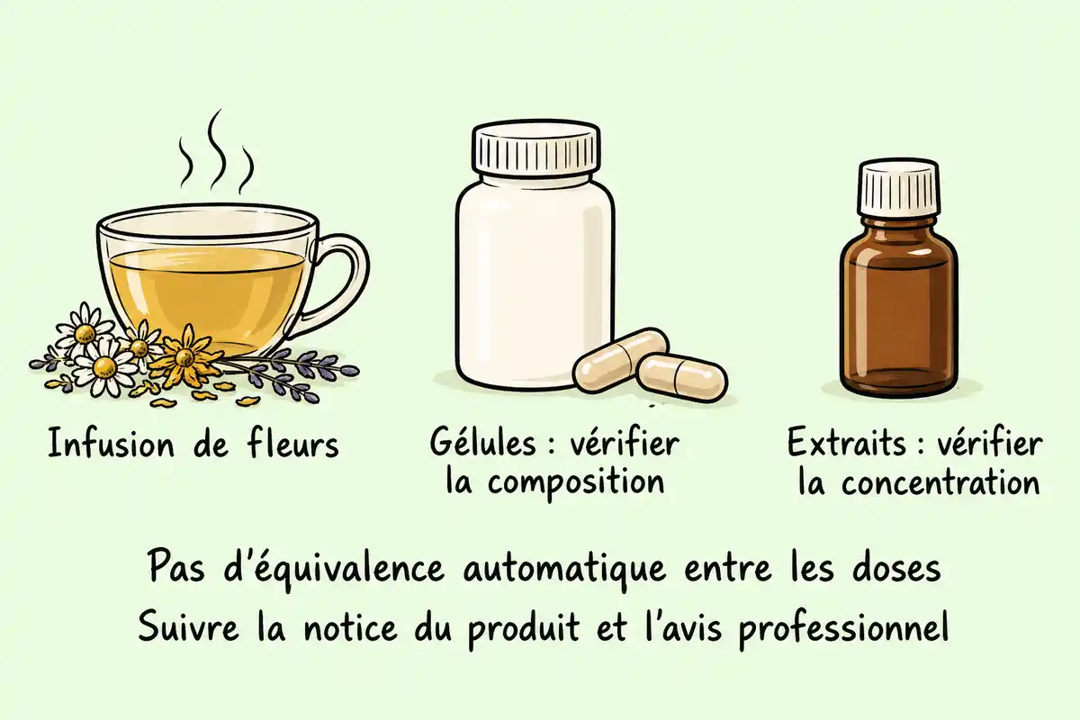 Infusion, poudre en gélule et extrait diffèrent par leur préparation ou leur concentration ; leurs doses ne sont pas automatiquement équivalentes.