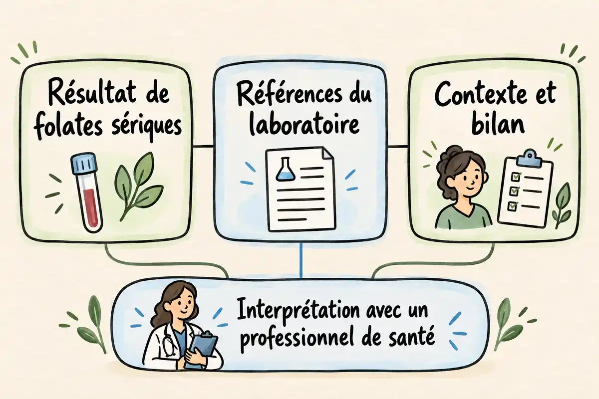 Le rĂ©sultat de folates sĂ©riques sâinterprĂšte avec les rĂ©fĂ©rences du laboratoire et le contexte mĂ©dical avant toute conclusion clinique.