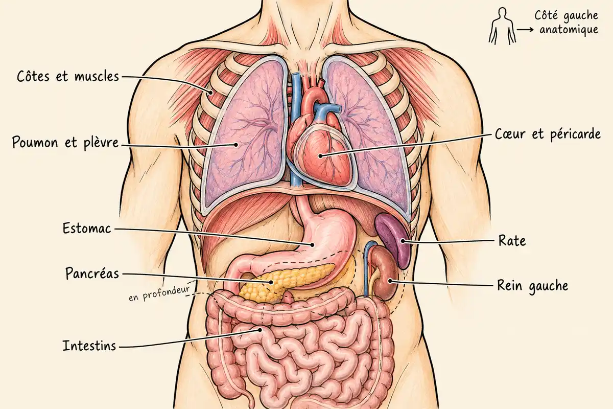 Les cĂŽtes, les muscles et plusieurs organes digestifs, respiratoires et cardiaques se trouvent dans ou prĂšs de la zone gauche.