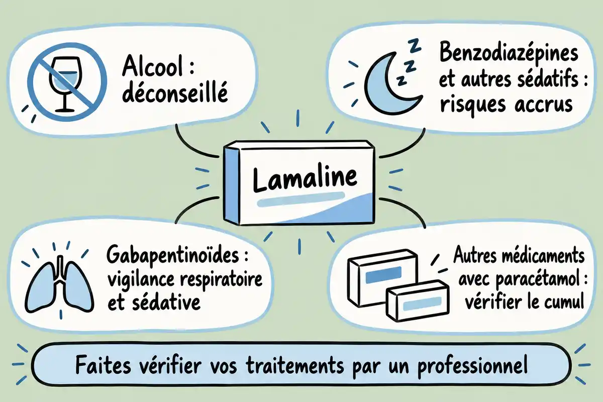 Alcool, sédatifs, gabapentinoïdes et autres médicaments contenant du paracétamol sont à faire vérifier avec la Lamaline.