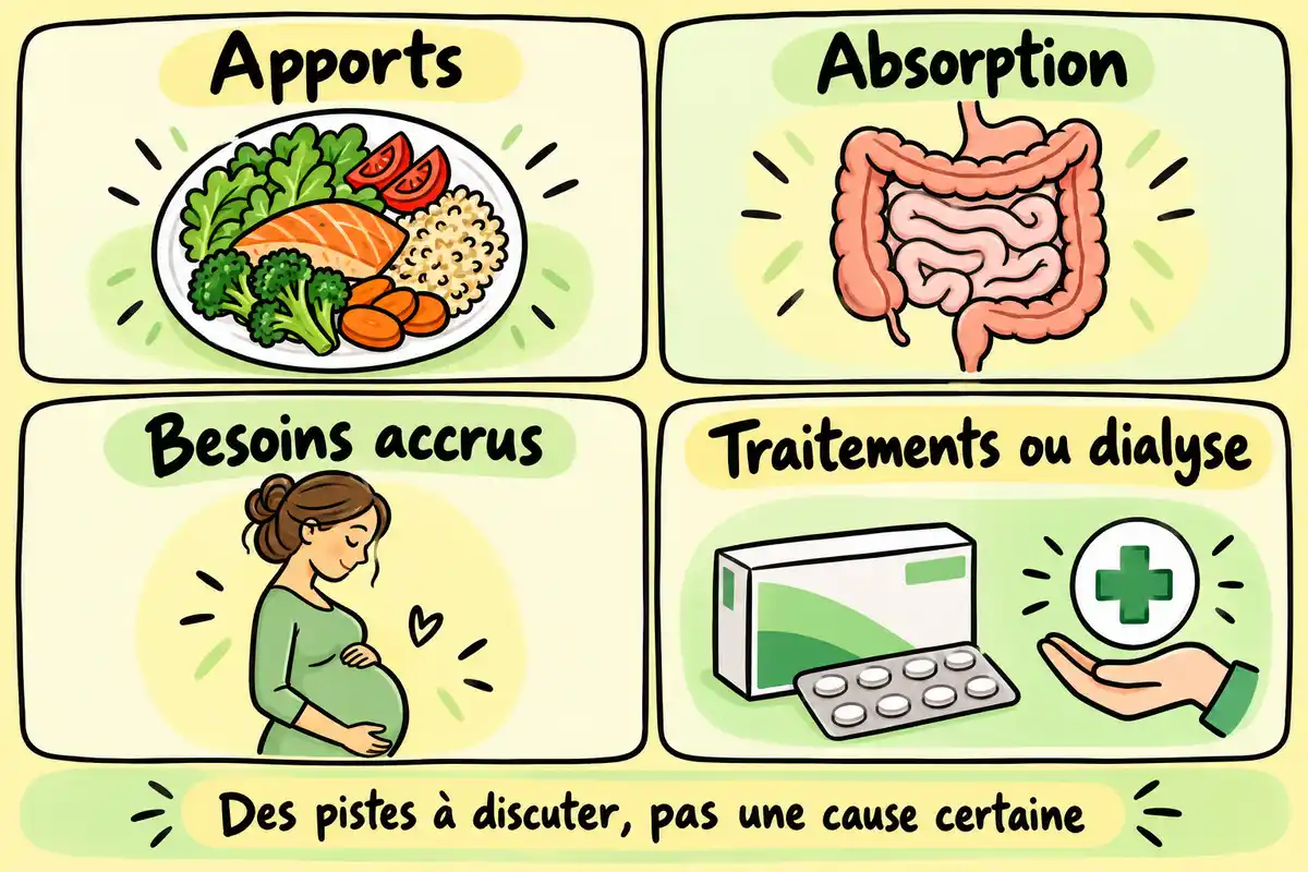Apports, absorption, besoins, traitements ou dialyse sont des pistes possibles Ă Ă©voquer, sans Ă©tablir Ă elles seules la cause dâun taux bas.