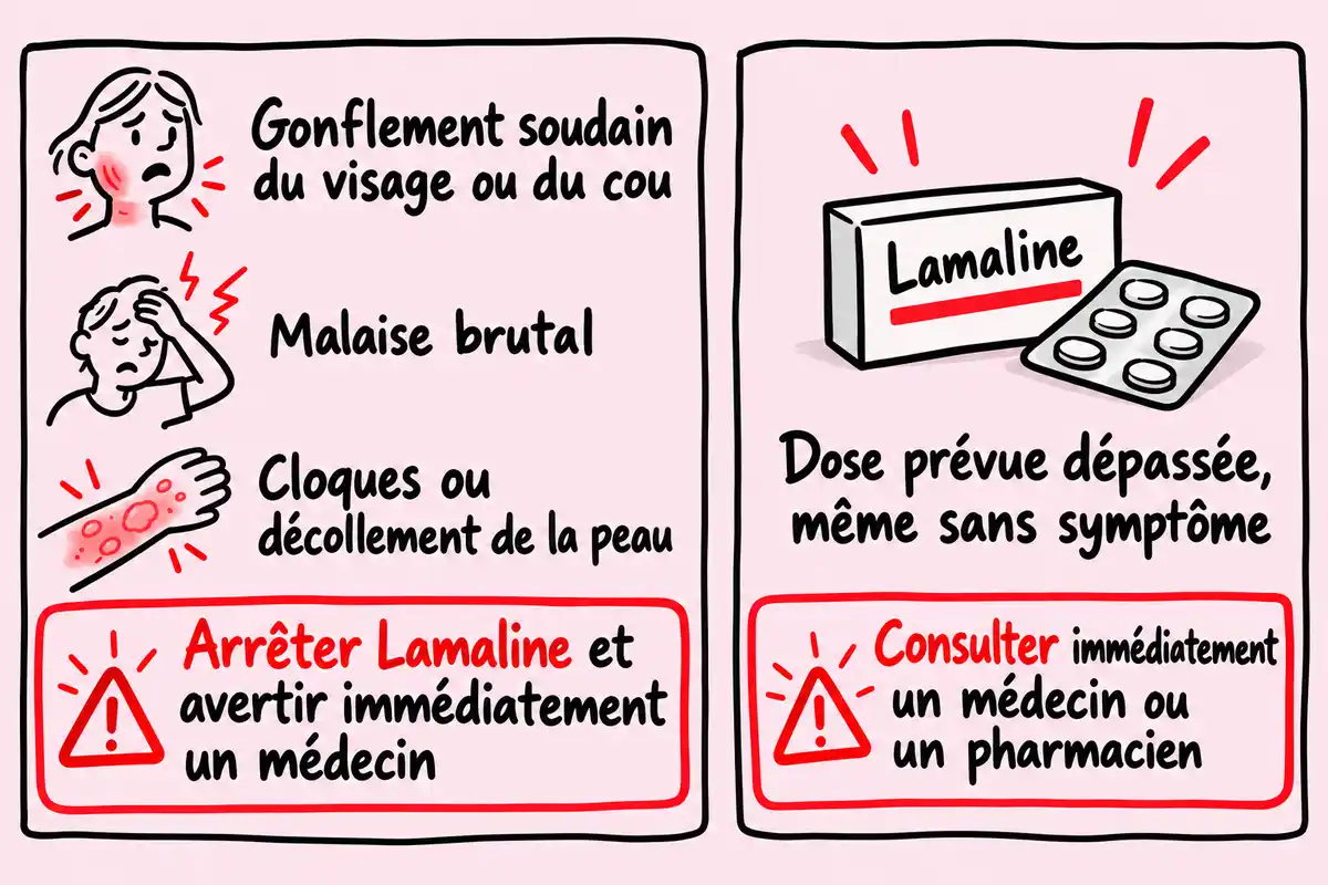 Gonflement soudain, malaise brutal ou cloques appellent l’arrêt et un avis médical ; un dépassement de dose exige une consultation immédiate.