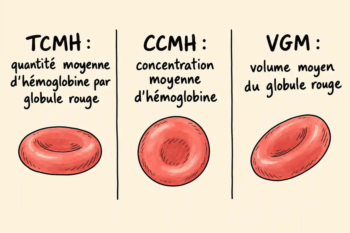 La TCMH correspond à une quantité d’hémoglobine, la CCMH à sa concentration et le VGM au volume moyen du globule rouge.