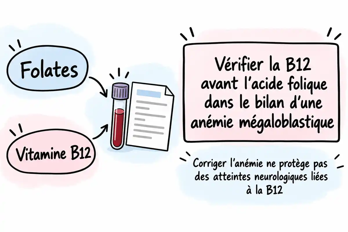 Folates et vitamine B12 sont Ă Ă©valuer dans le bilan avant lâacide folique, car corriger lâanĂ©mie ne protĂšge pas des atteintes neurologiques liĂ©es Ă la B12.