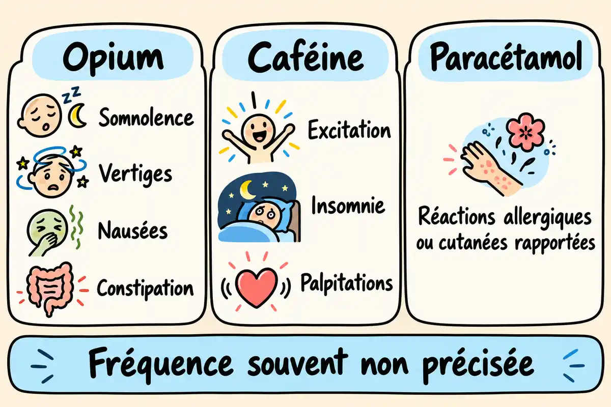 Les effets rapportés varient selon le composant de la Lamaline, mais leur fréquence est souvent inconnue ou non précisée.