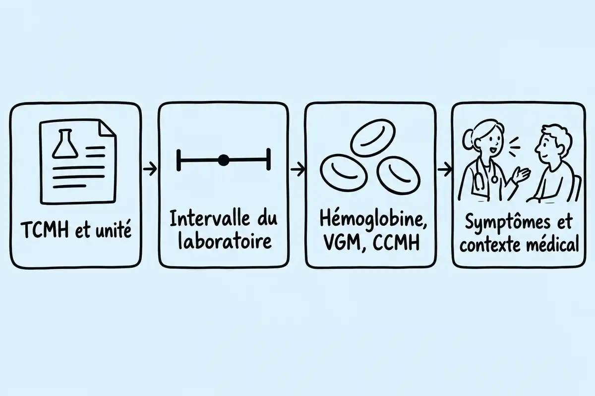 Pour lire la TCMH, comparer d’abord l’intervalle du laboratoire, puis les autres indices de la NFS et le contexte médical.