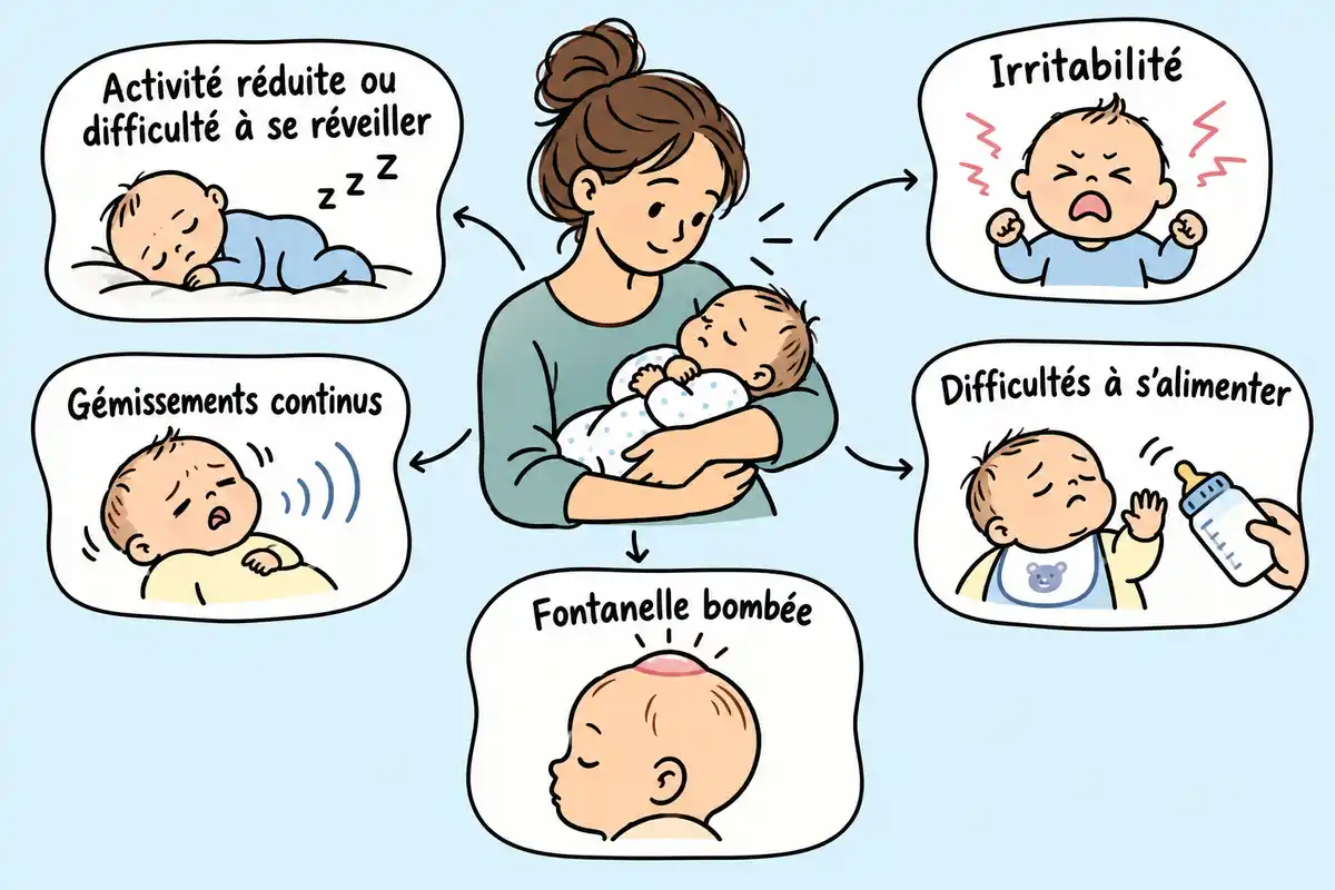 Chez le nourrisson, une activitĂ© rĂ©duite, lâirritabilitĂ©, des gĂ©missements continus, des difficultĂ©s Ă sâalimenter ou une fontanelle bombĂ©e sont Ă observer.