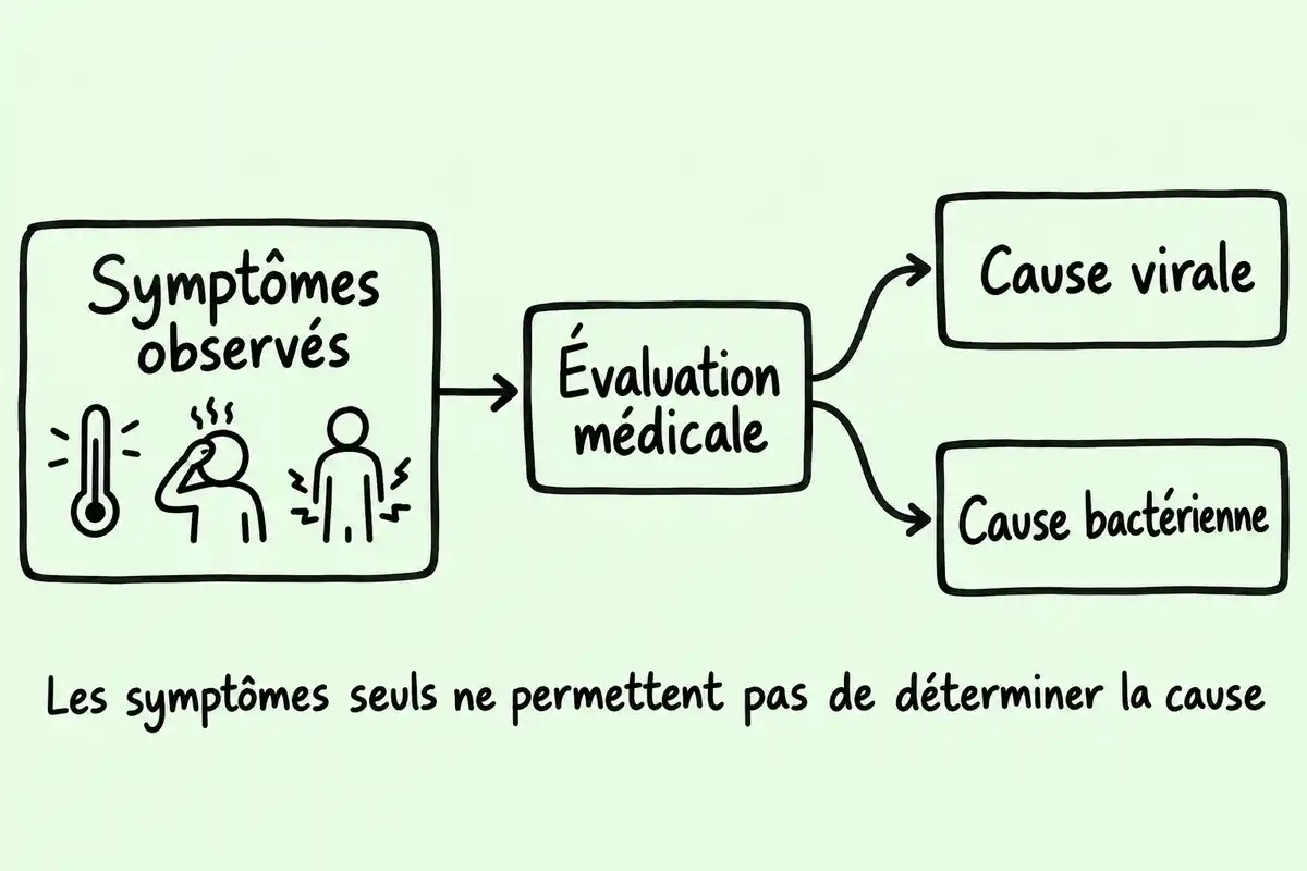 Les symptĂŽmes observĂ©s mĂšnent Ă une Ă©valuation mĂ©dicale : ils ne suffisent pas Ă distinguer une cause virale dâune cause bactĂ©rienne.